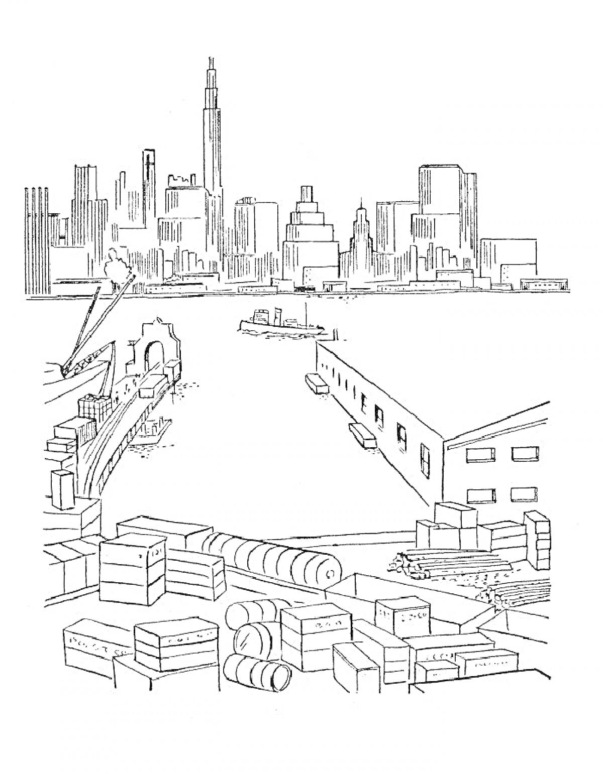 Раскраска Город будущего с небоскребами, рекой с лодками, грузовыми контейнерами и складскими помещениями