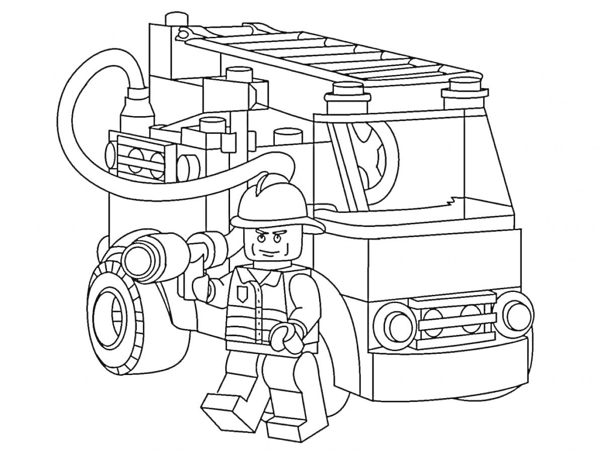 На раскраске изображено: Лего, Пожарная машина, Шланг, Лестница, Транспорт, Игрушки, Пожарные