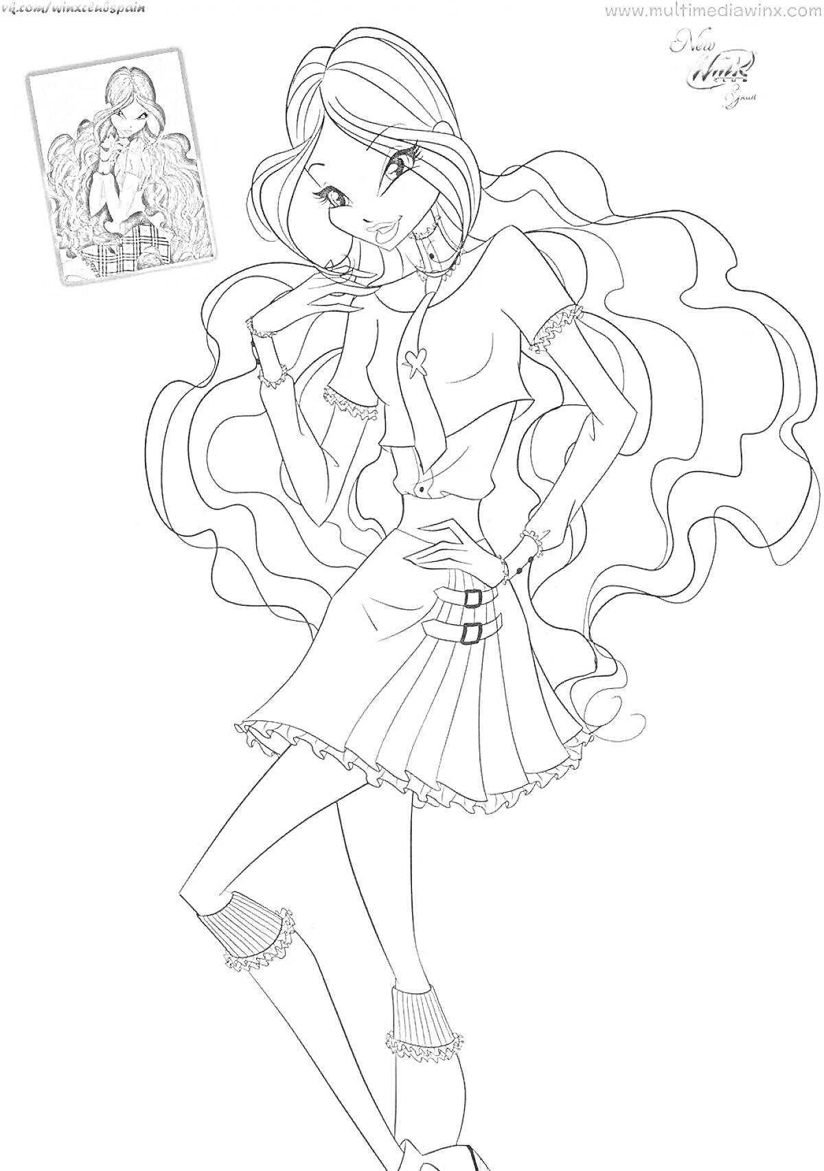 Раскраска Девушка с длинными волосами в юбке и кофте, стоящая в позе модельного показа