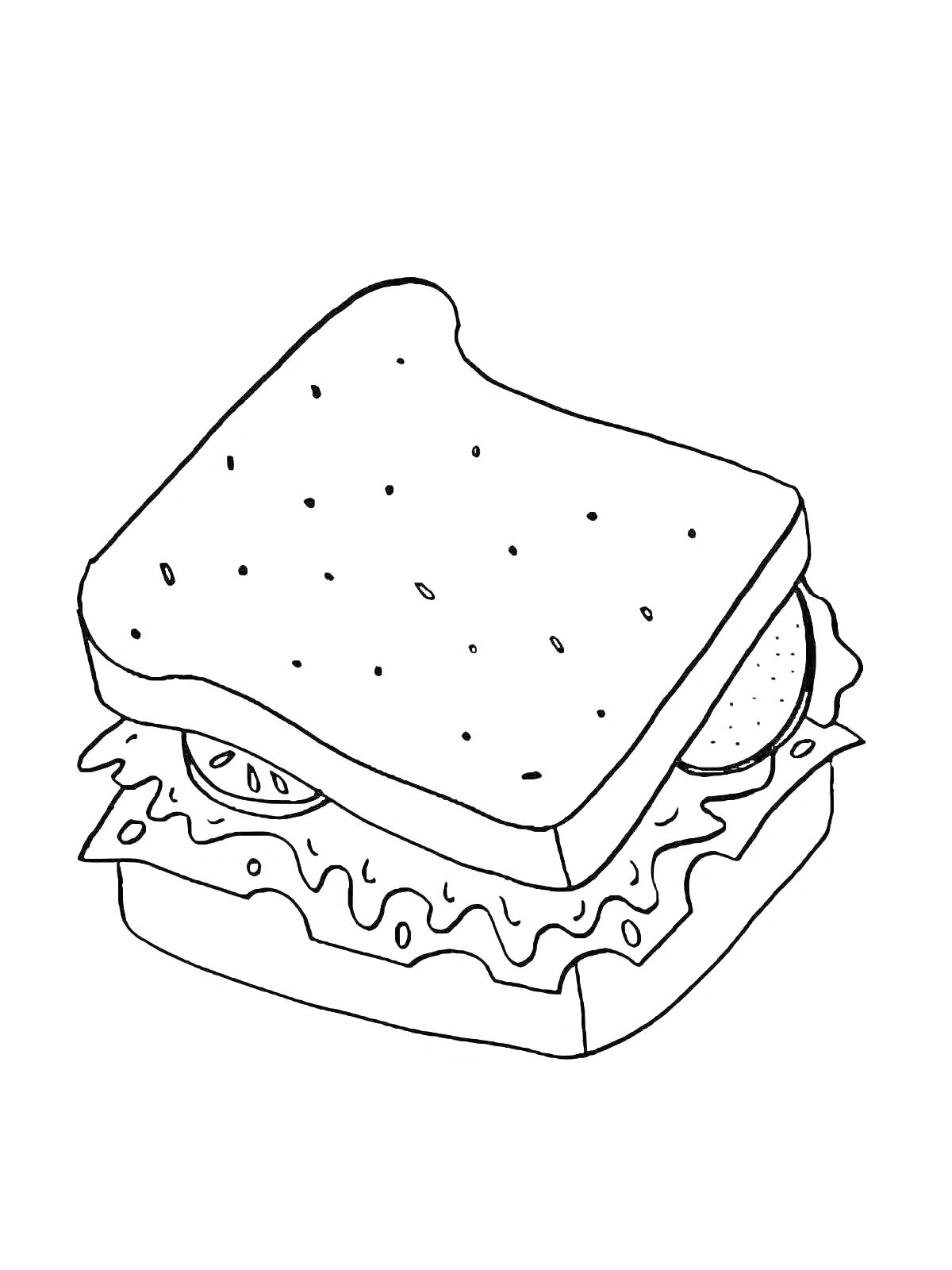 На раскраске изображено: Сэндвич, Хлеб, Салат, Еда, Для детей