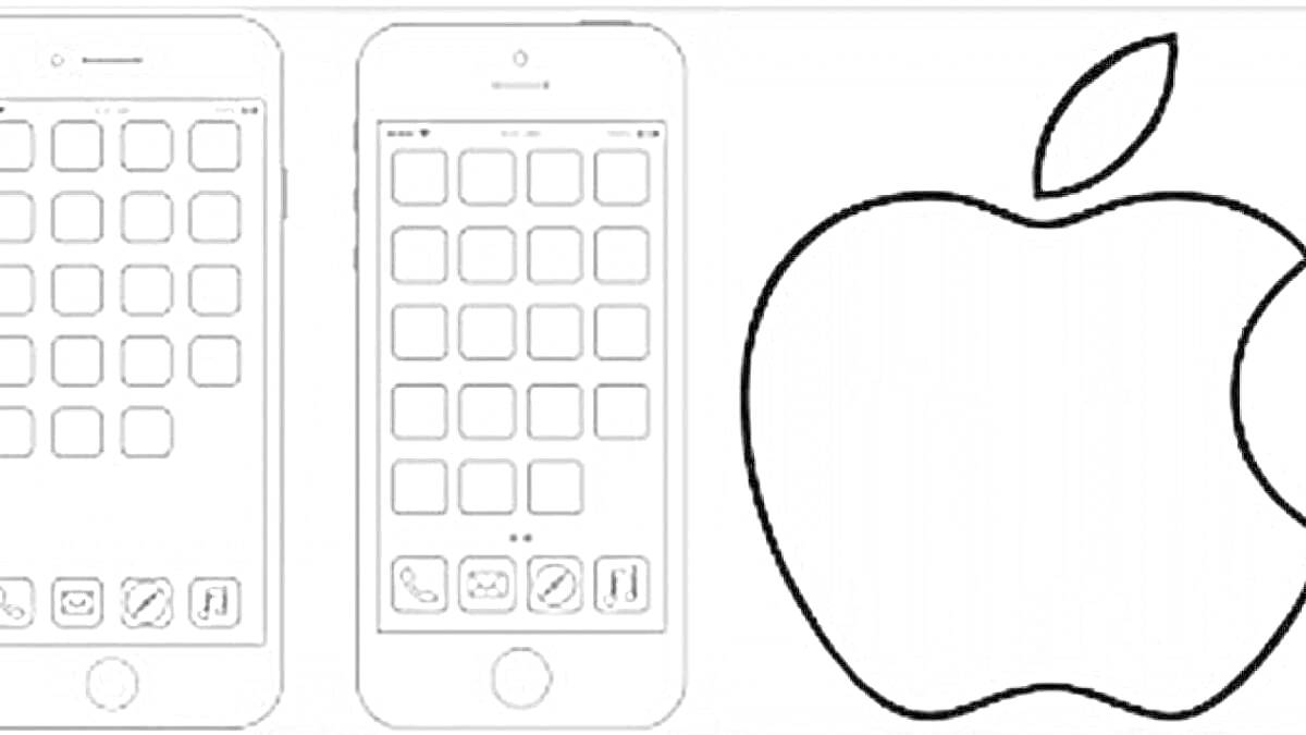 На раскраске изображено: Айфон, Телефон, Apple, Смартфон, Экран, Иконки, Логотипы