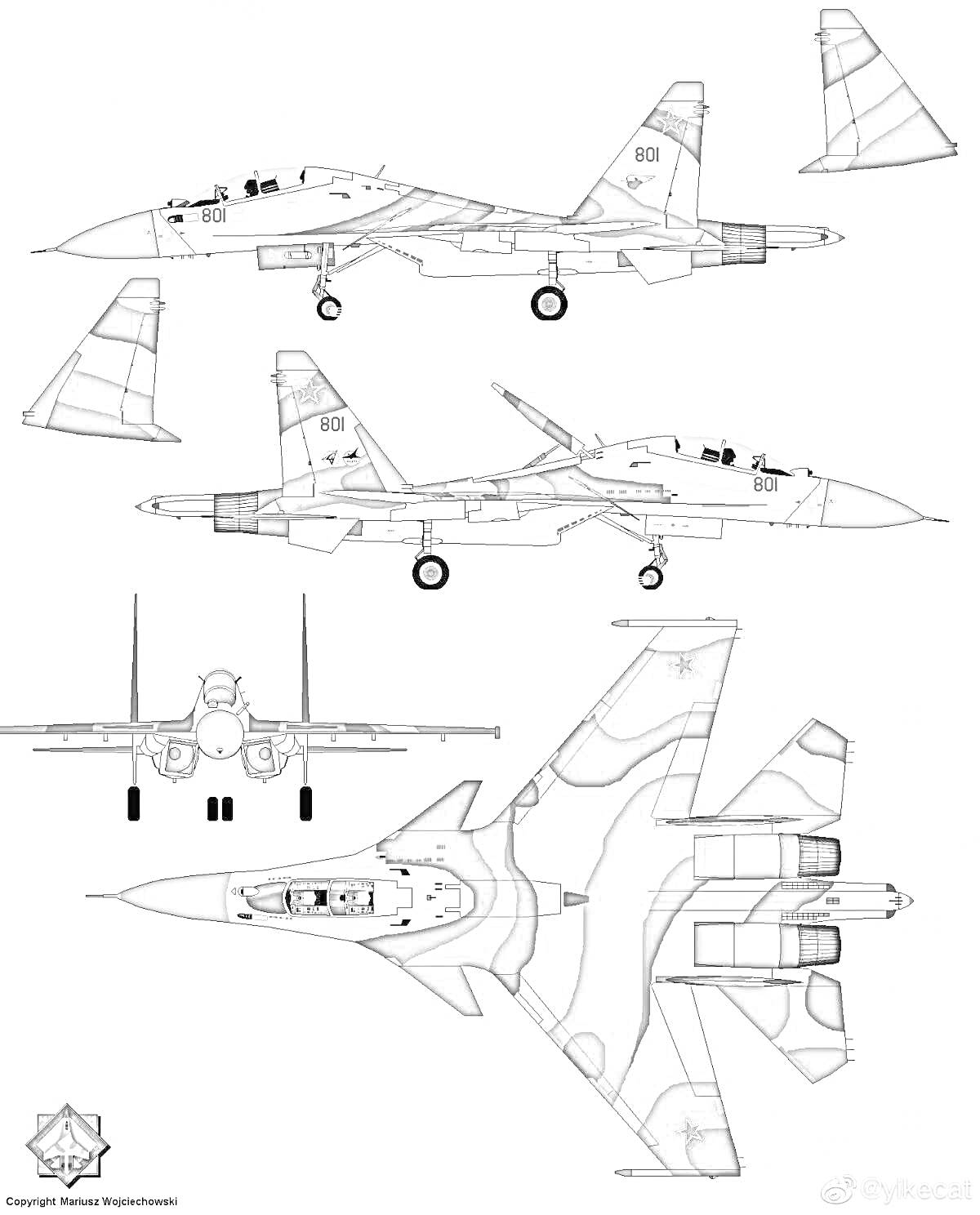 Раскраска Все виды и ракурсы самолёта Су-35