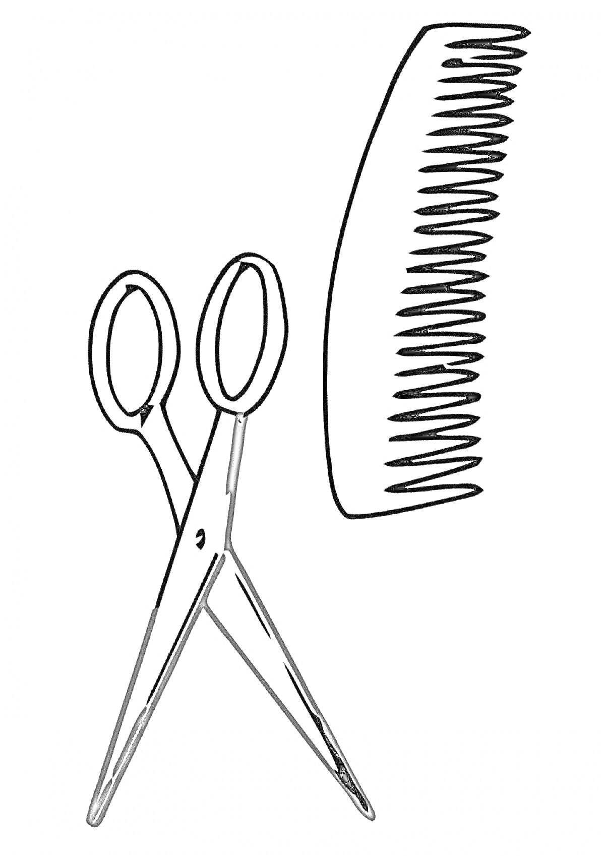 На раскраске изображено: Ножницы, Расческа, Гигиена, Уход за волосами, Стрижка
