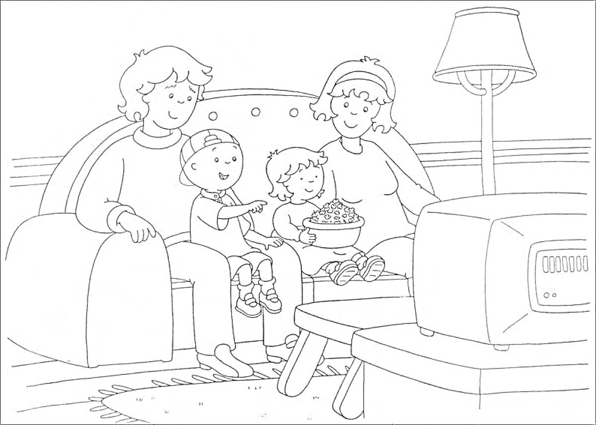 На раскраске изображено: Семья, Диван, Телевизор, Родители, Гостиная, Лампа, Попкорн