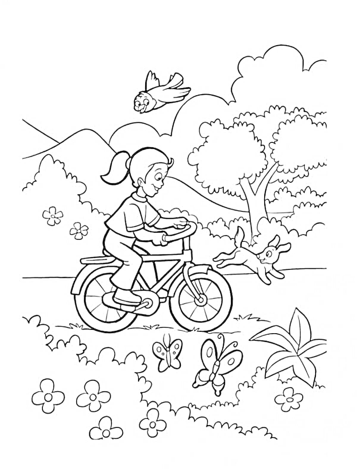 Раскраска Девочка едет на велосипеде в парке с деревьями, цветами, бабочками, собакой и птицей.
