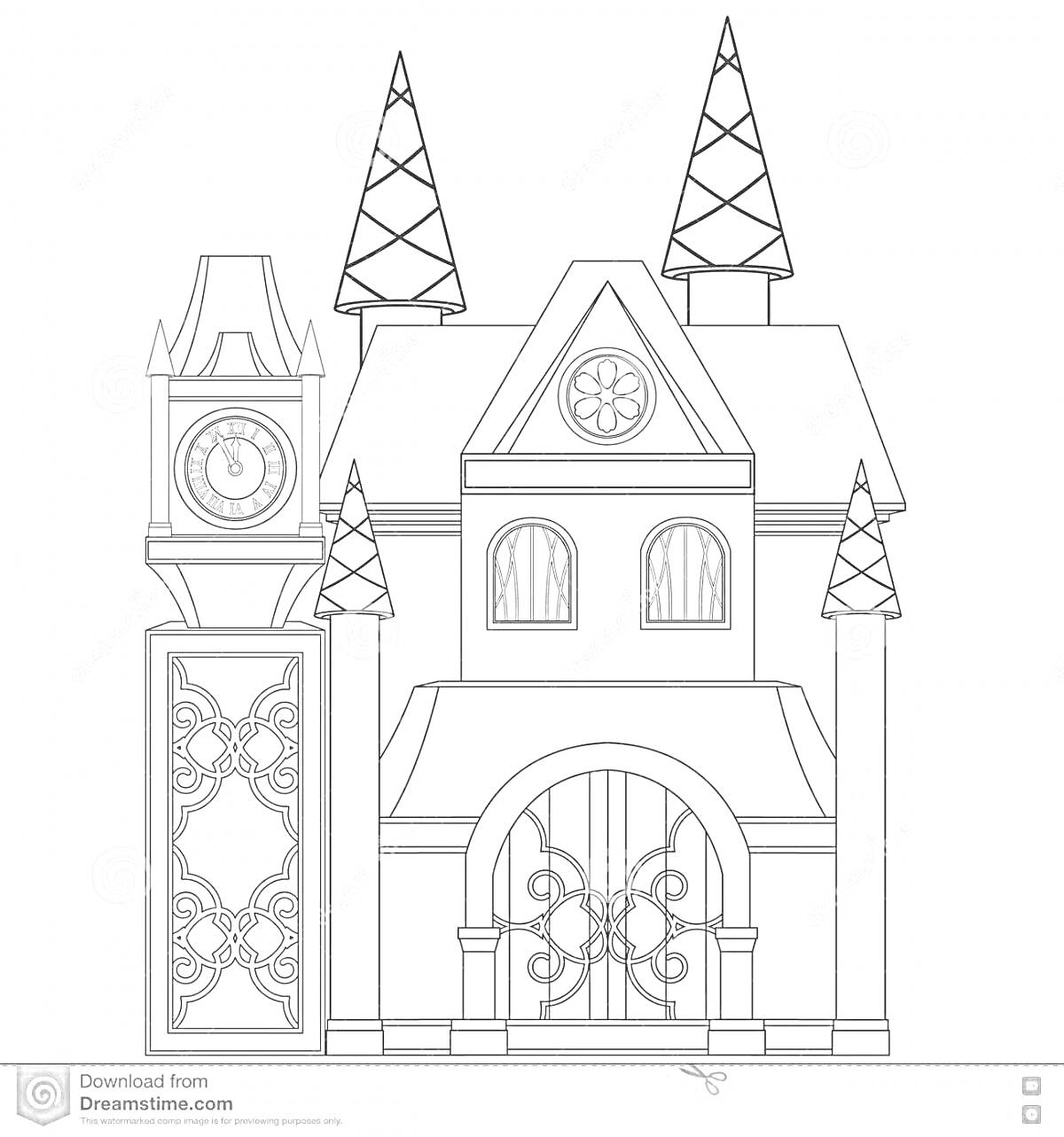 На раскраске изображено: Дворец, Подготовительная группа, Башни, Часы, Ворота, Архитектура