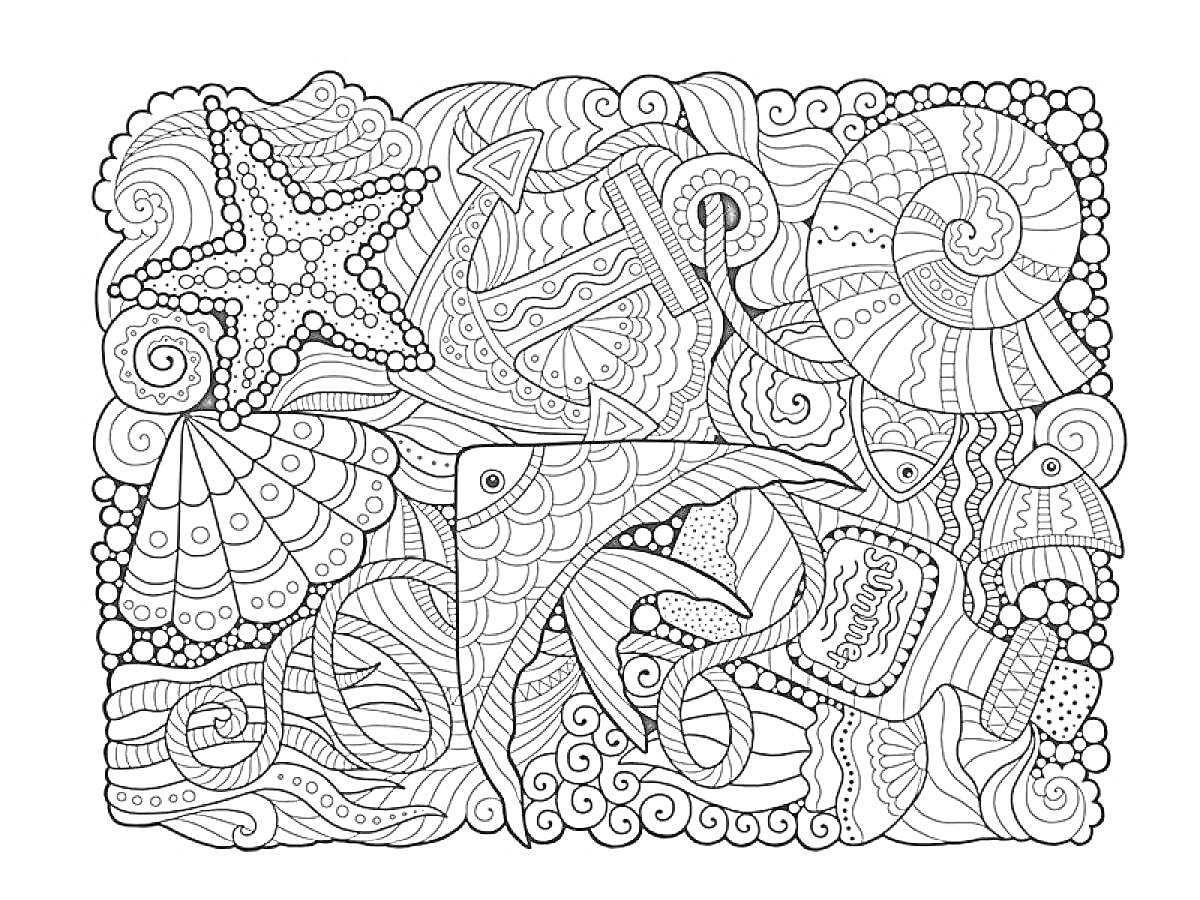 Раскраска Подводный мир: морская звезда, якорь, раковина, рыба, водоросли