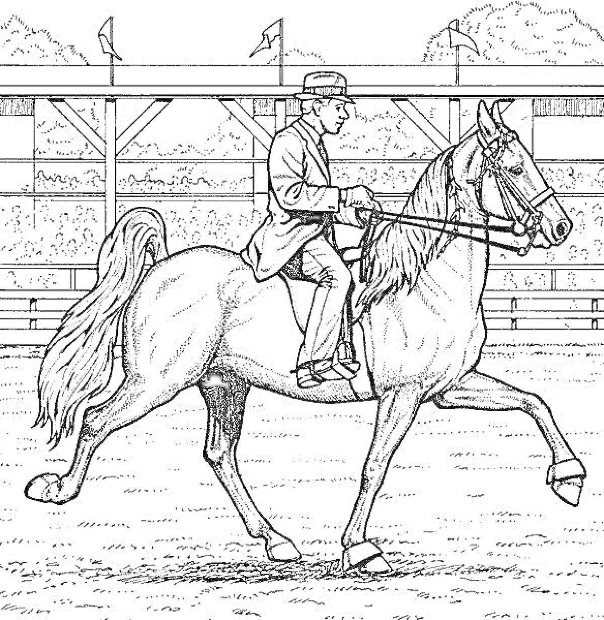 Раскраска Всадник в шляпе, едущий на лошади по арене для конкура, на заднем плане трибуны с размахивающими флажками и деревьями.