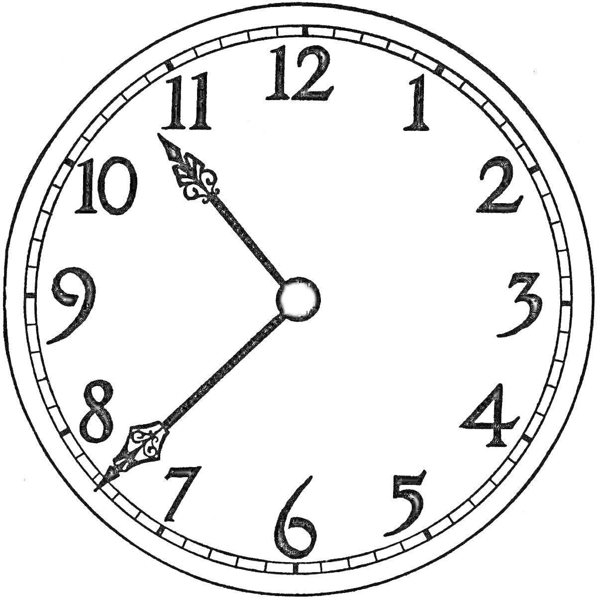 На раскраске изображено: Циферблат, Часы, Стрелки, Римские цифры, Время