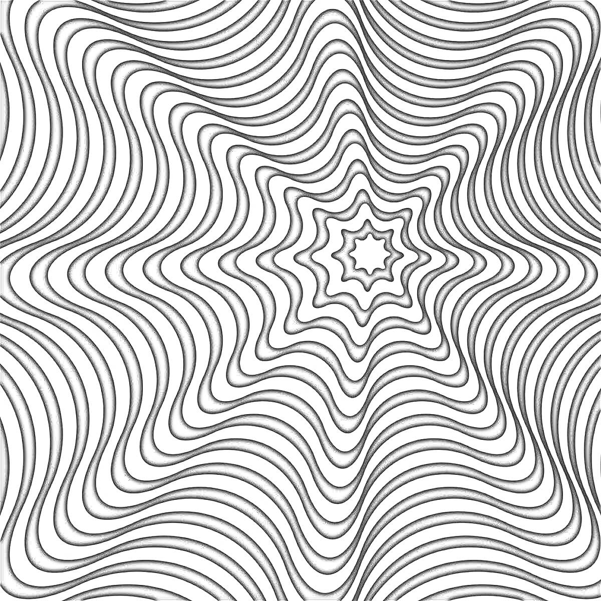 Пси-арт оптическая иллюзия с черно-белыми волнистыми линиями, создающими звездный паттерн