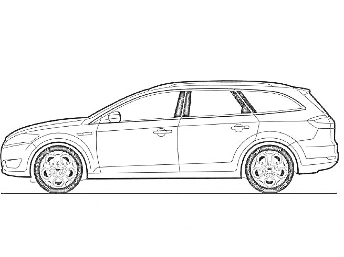 На раскраске изображено: Ford Focus, Универсал, Колёса, Окна