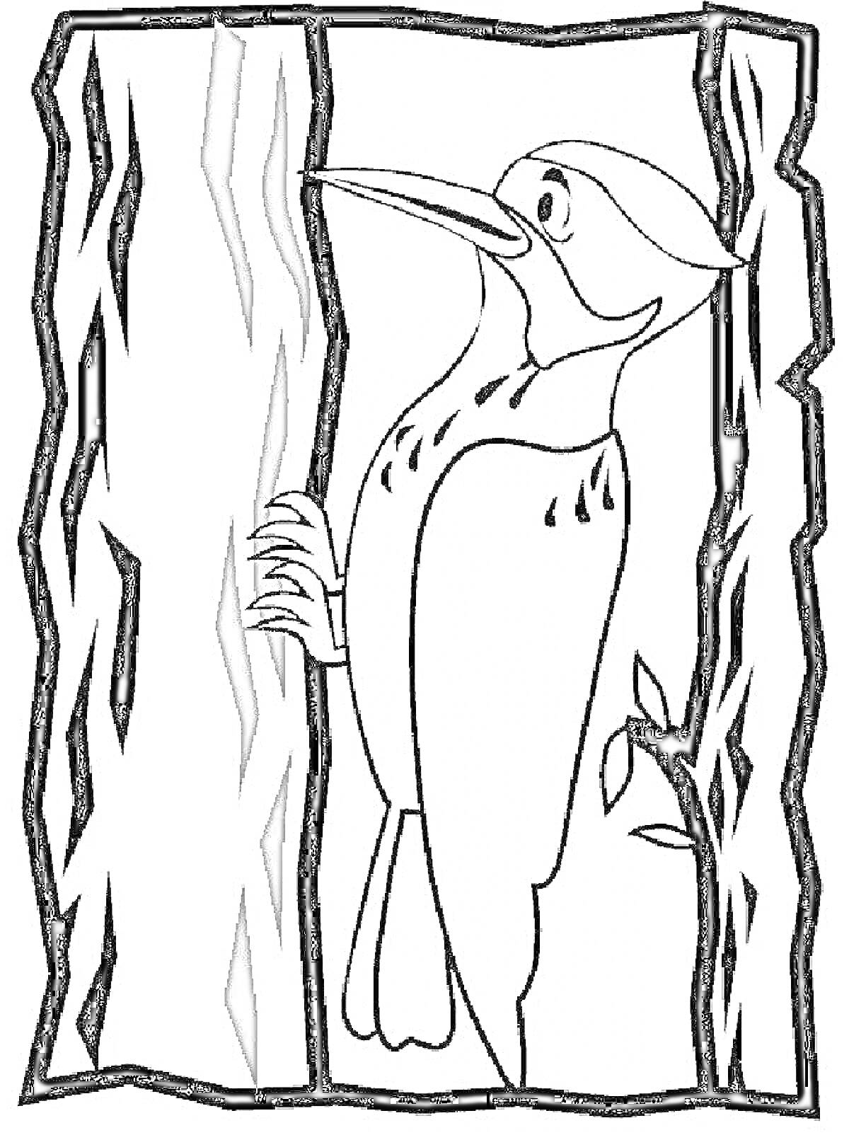 На раскраске изображено: Дятел, Ветка, Листья, Птица, Природа
