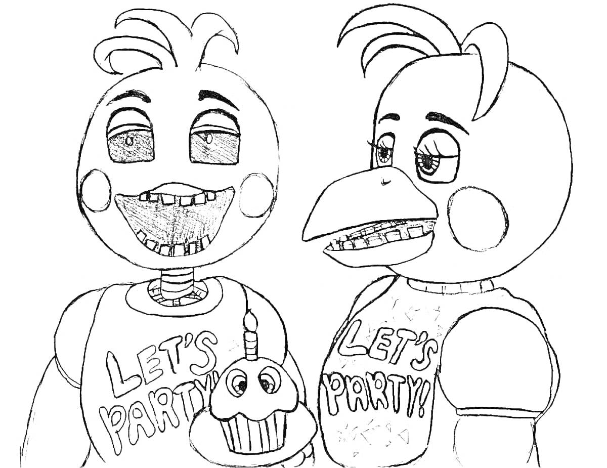 Раскраска Два аниматроника с надписями 