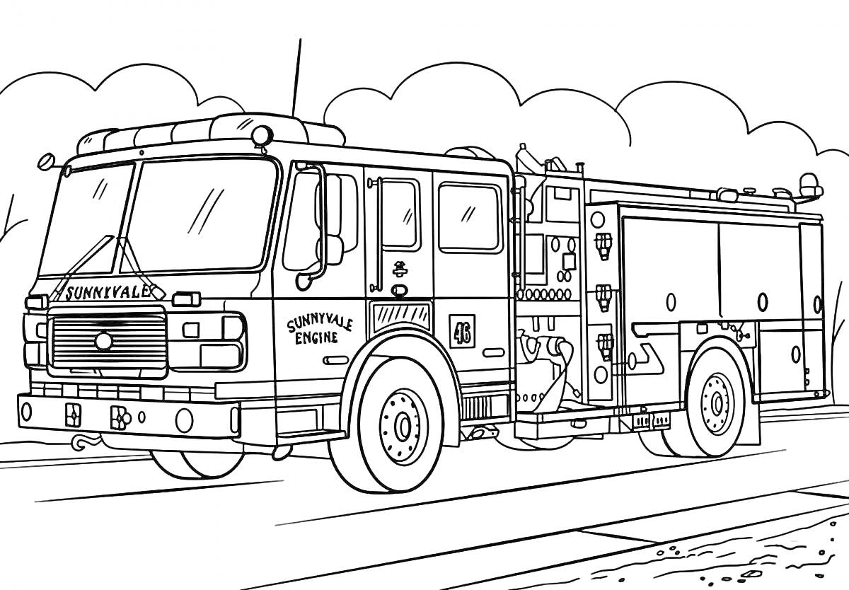 На раскраске изображено: Пожарная машина, Пожарная служба, Транспорт, Иллюстрация, Пожарное оборудование, Спасатели