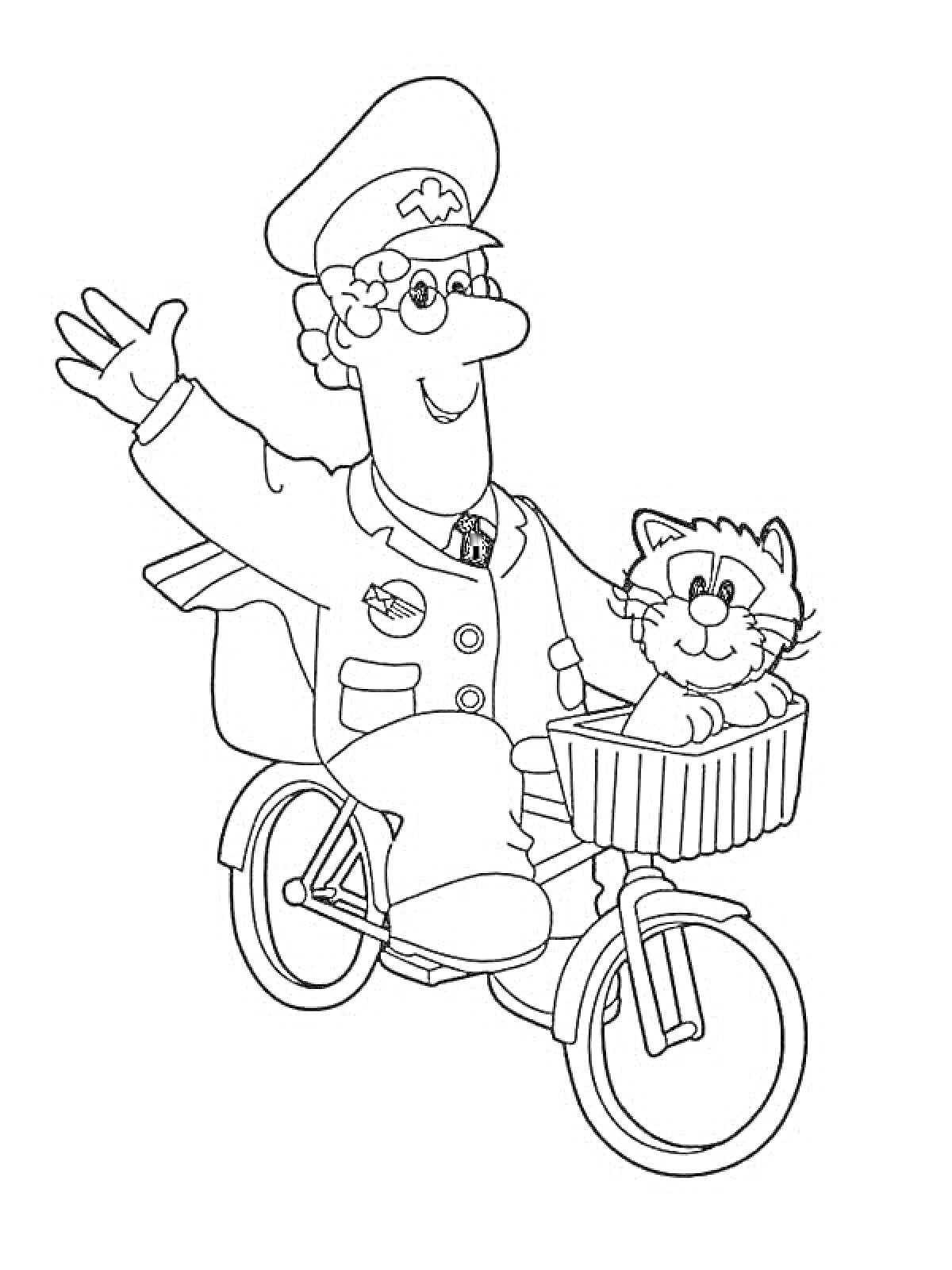 Раскраска Почтальон на велосипеде с котом в корзине