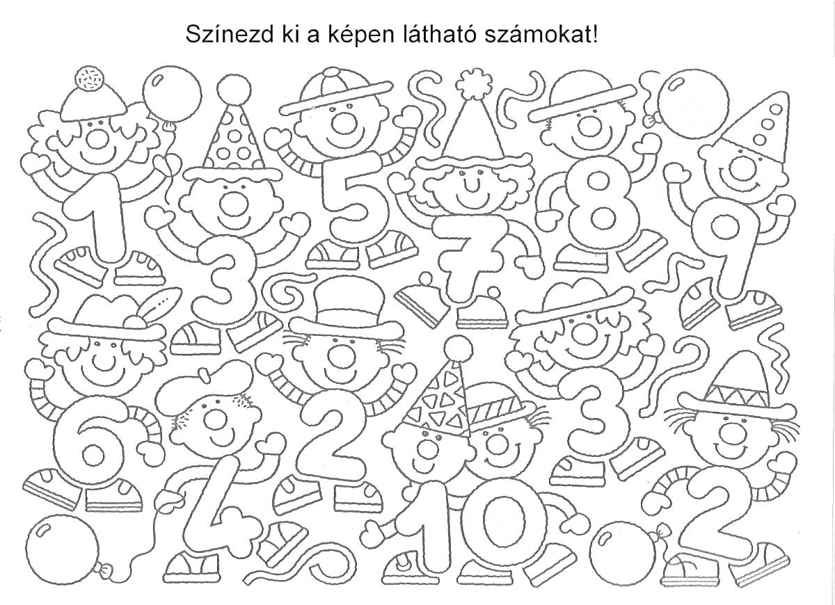 На раскраске изображено: Цифры, Дошкольники, Клоуны, Воздушные шары, Праздничный колпак