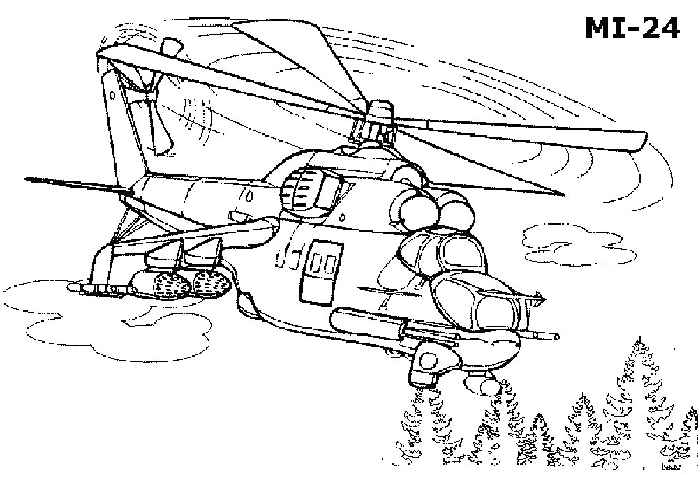 На раскраске изображено: Вертолет, Полет, Лес, Небо, Облака, Военная техника, Пропеллеры