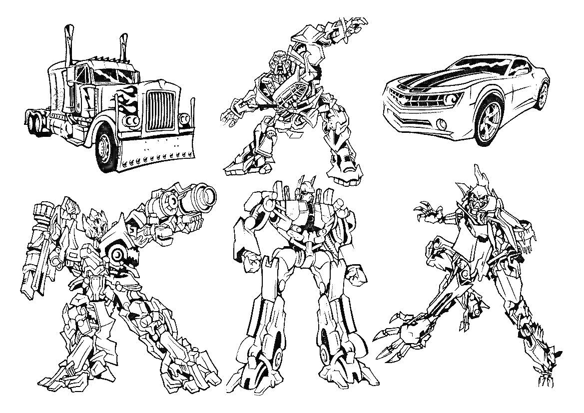 На раскраске изображено: Бамблби, Оптимус Прайм, Трансформеры, Робот, Боевой робот, Спорткар, Для детей, Авто, Грузовая машина