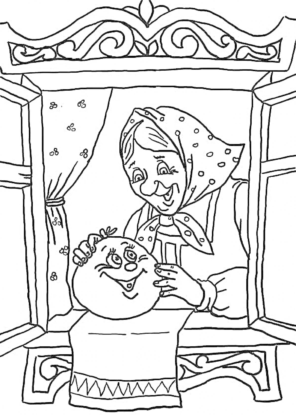 Раскраска Колобок и бабушка у окна