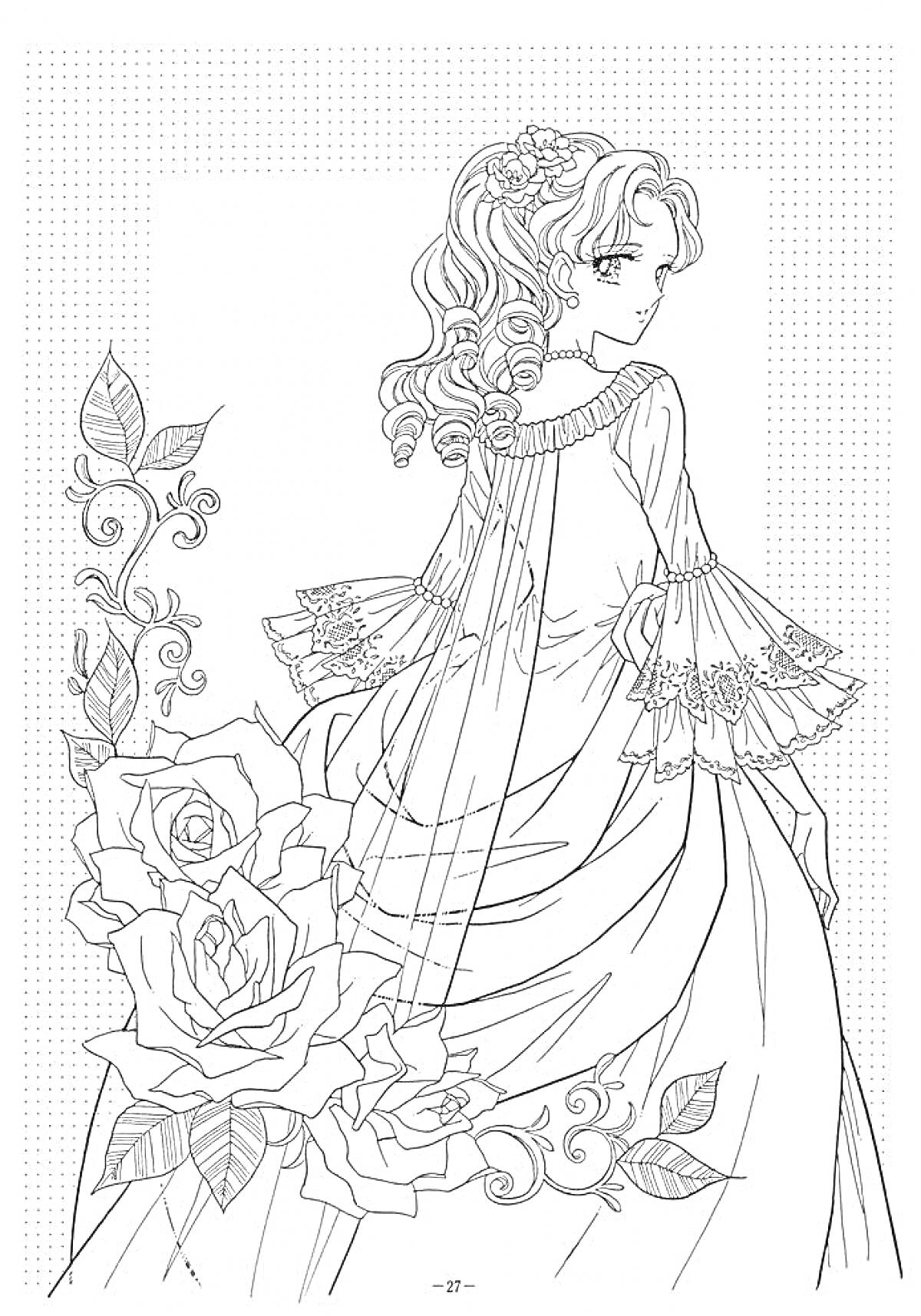 На раскраске изображено: Принцесса, Платье, Цветы, Розы, Орнамент, Узоры, Волосы, Девочка, Длинные платья