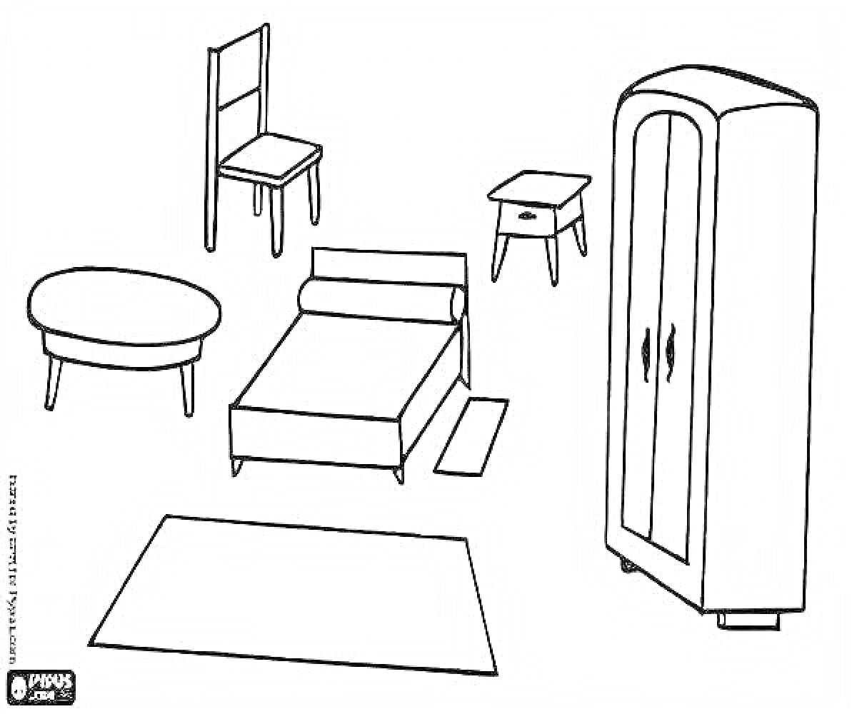Раскраска Стул, кровать с подушкой и ковриком, комод, журнальный столик, тумбочка, шкаф