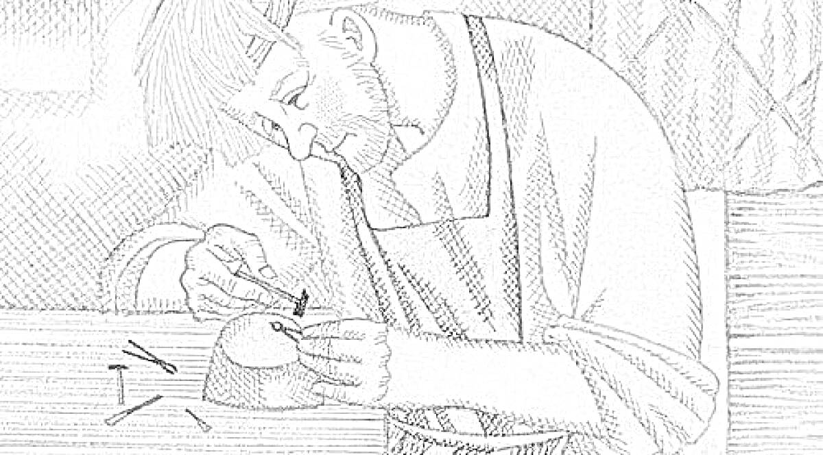 Раскраска Человек с бородой, в фартуке, сидит за столом и работает над маленькой металлической деталью, вокруг лежат инструменты.