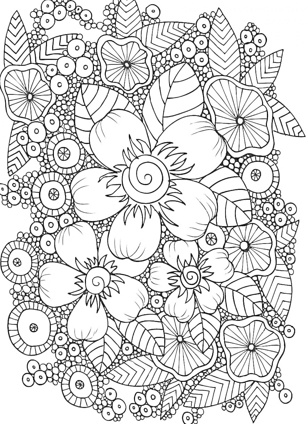 Раскраска Антистресс раскраска с крупными и мелкими цветами и листочками