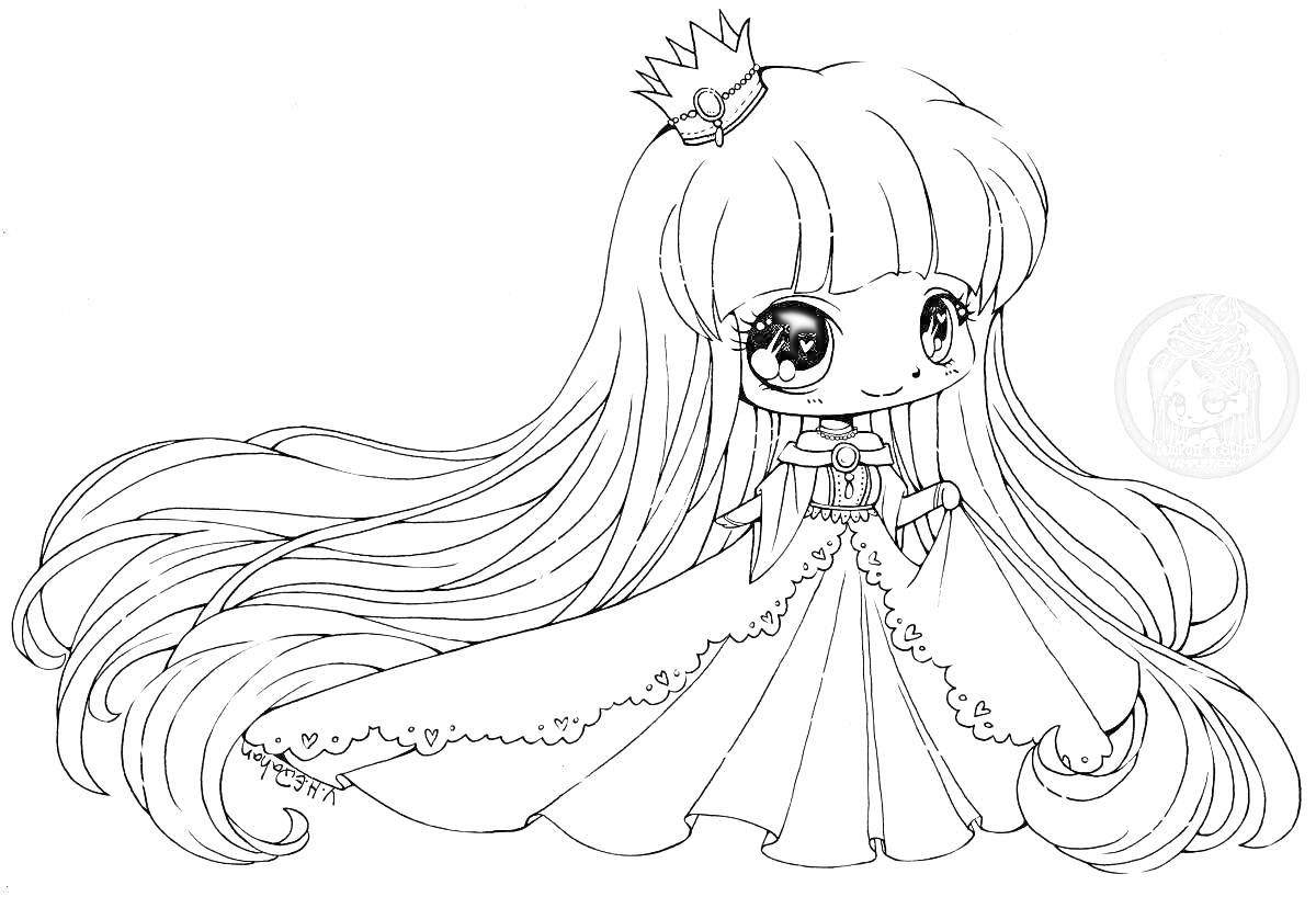 Раскраска Девочка аниме в длинном платье с короной и длинными волосами