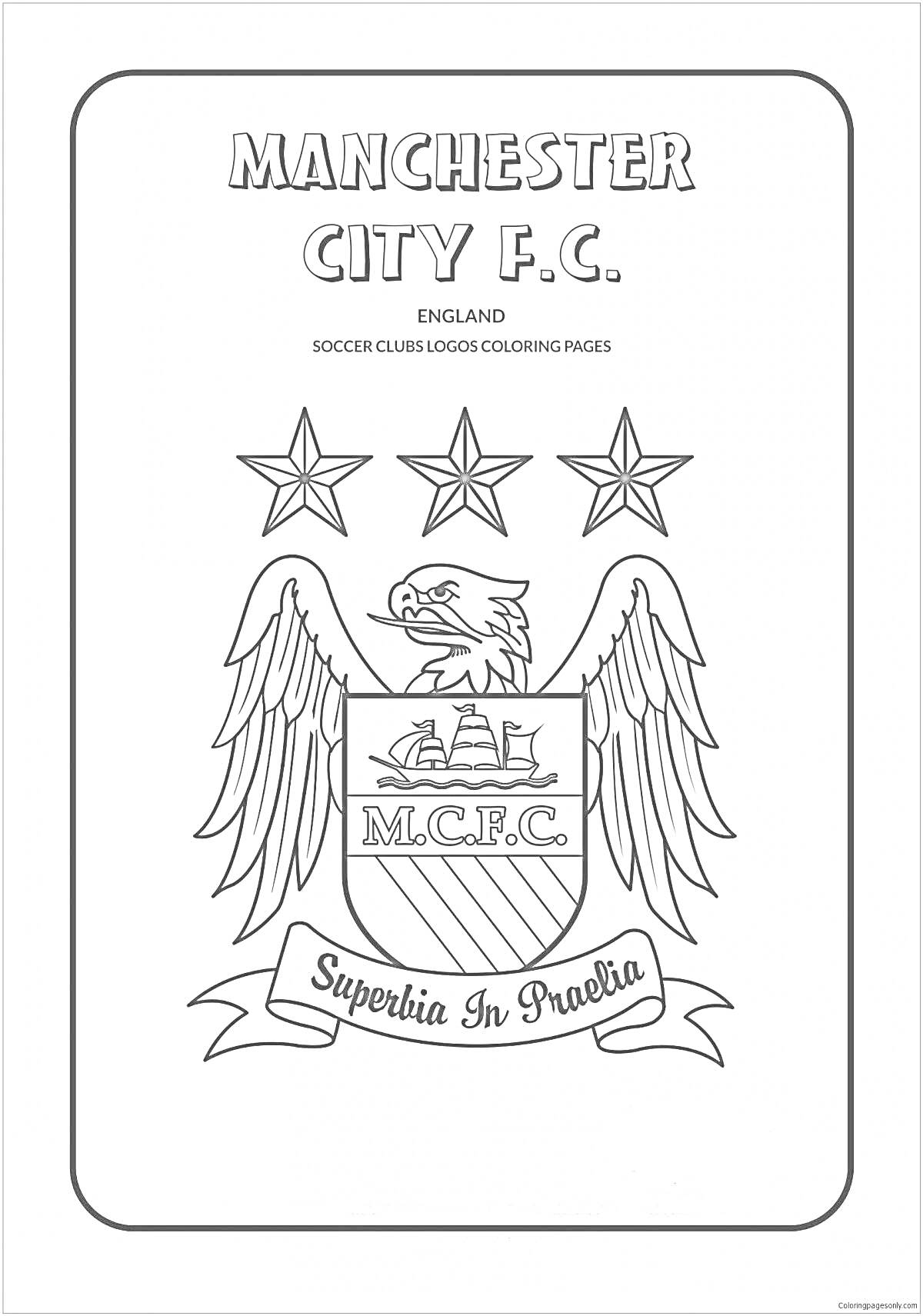 На раскраске изображено: Манчестер Сити, Футбол, Орел, Три звезды, Щит, Корабль