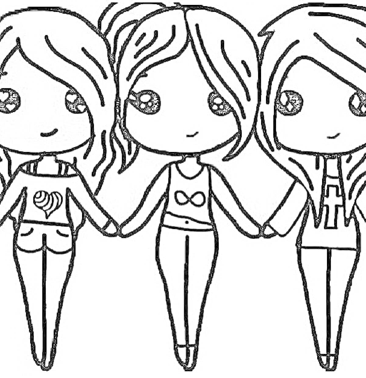 Раскраска Три подружки с длинными волосами, держатся за руки, каждая в футболке с разным символом (улитка, знак бесконечности, крест)