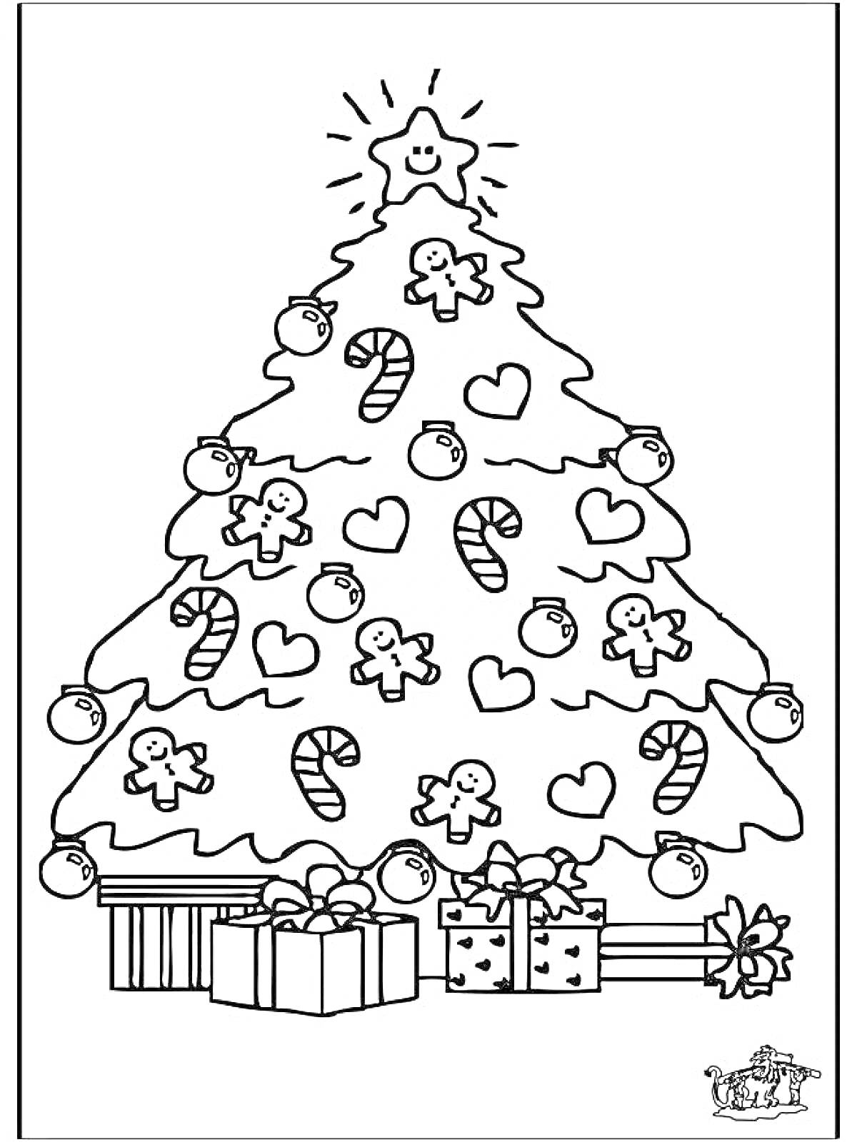 На раскраске изображено: Новогодняя елка, Игрушки, Пряники, Сердца, Леденцы, Шары, Подарки, Новый год