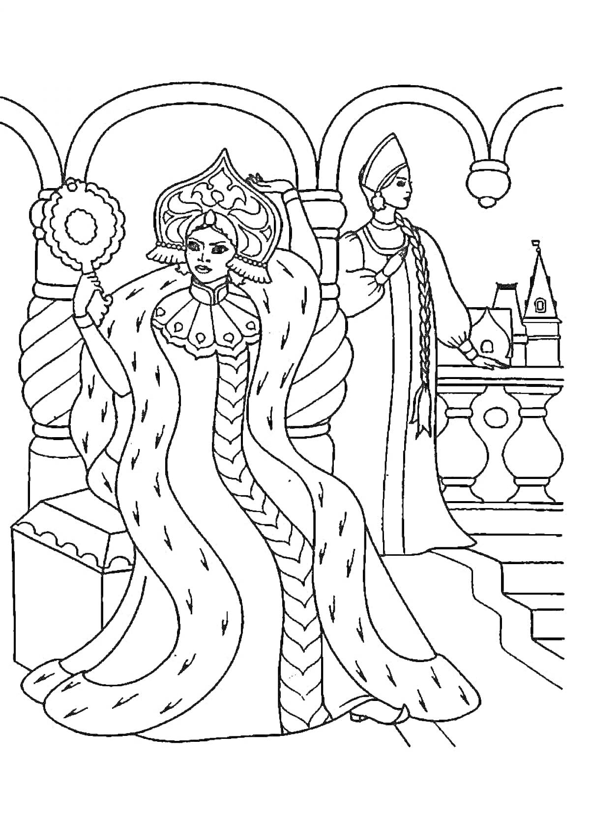На раскраске изображено: Мертвая царевна, Зеркало, Балкон, Корона, Дворец, Костюм, Средневековье, Королевская одежда