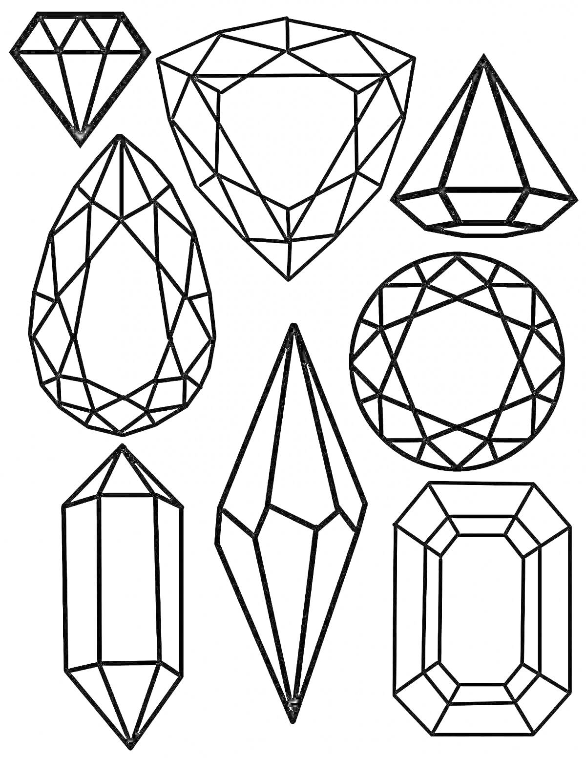 Раскраска Раскраска с изображением различных огранок драгоценных камней, включая бриллиант, изумруд, правоугольник, каплю, кристалл, и круглую огранку
