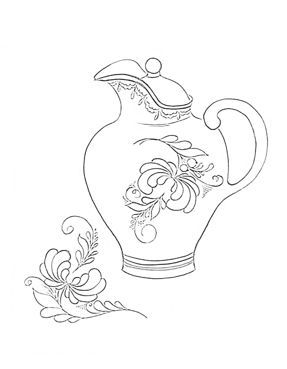 Раскраска Кувшин в стиле Гжель с цветочным орнаментом и дополнительным цветочным элементом