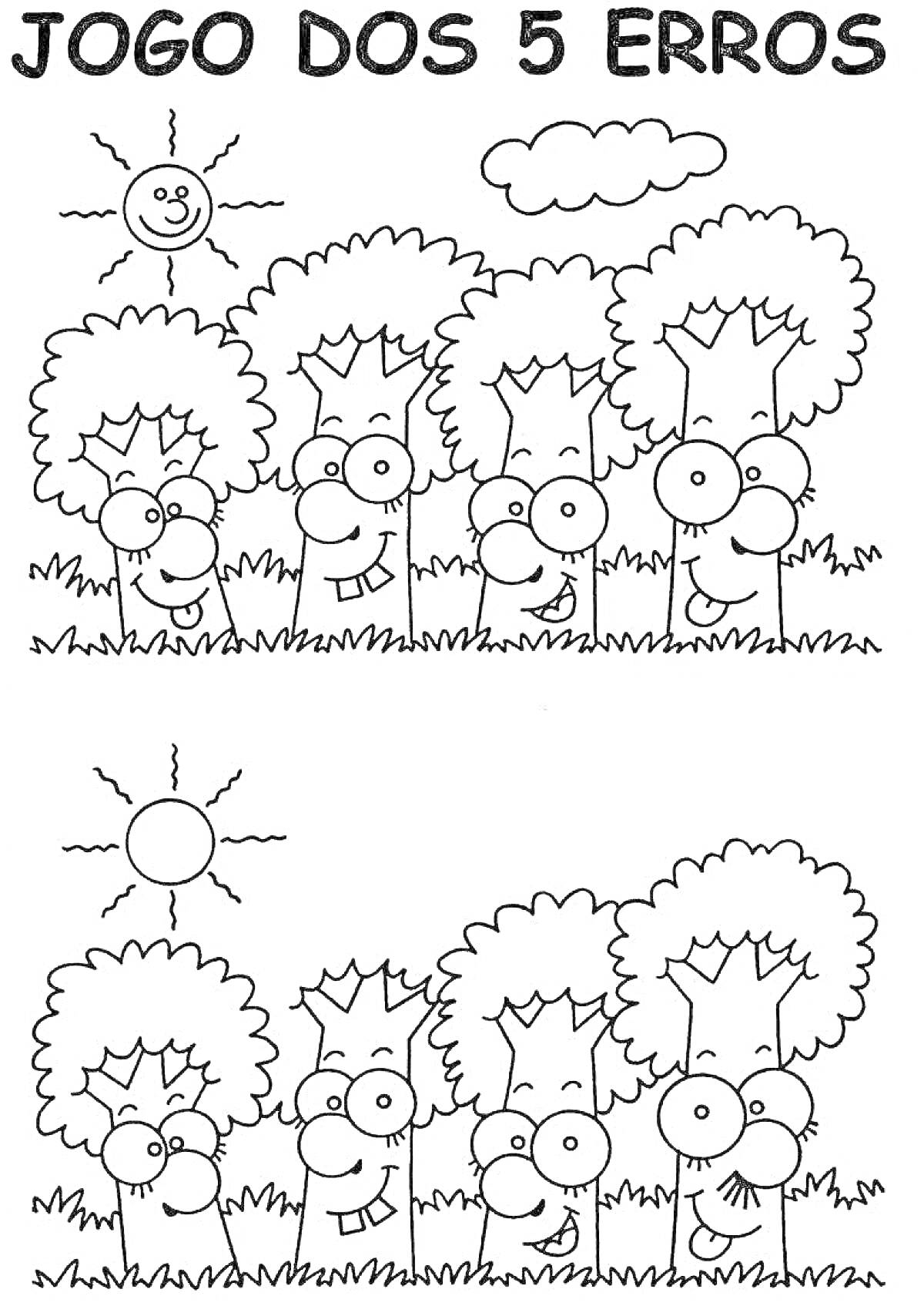 Раскраска Сравни и найди 5 отличий среди улыбающихся деревьев и элементов природы (солнце, облако, трава).
