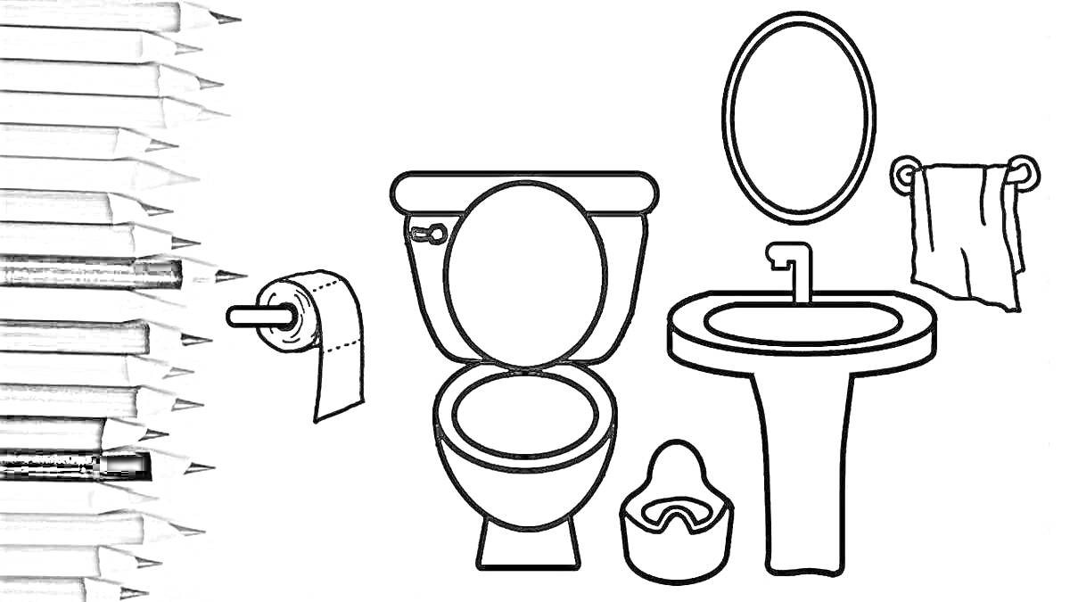 На раскраске изображено: Унитаз, Раковина, Зеркало, Полотенце, Туалетная бумага, Туалет, Ванна