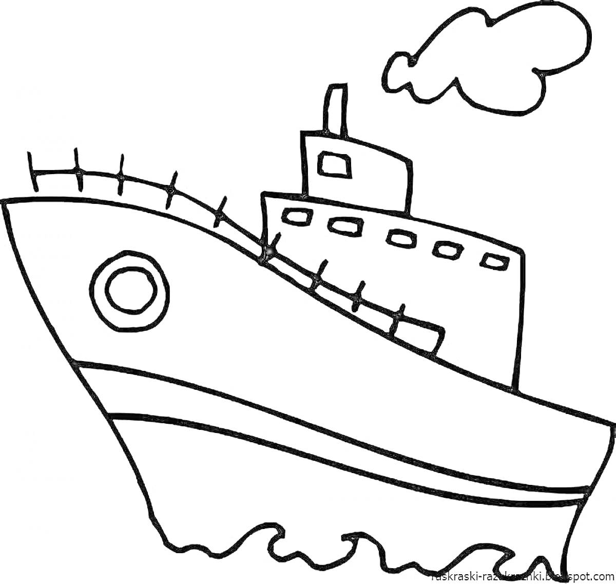На раскраске изображено: Буксир, Корабль, Вода, Труба, Пена, Море, Небо