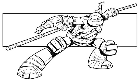 Раскраска Донателло с боевым посохом на фоне прямоугольника, в боевой стойке