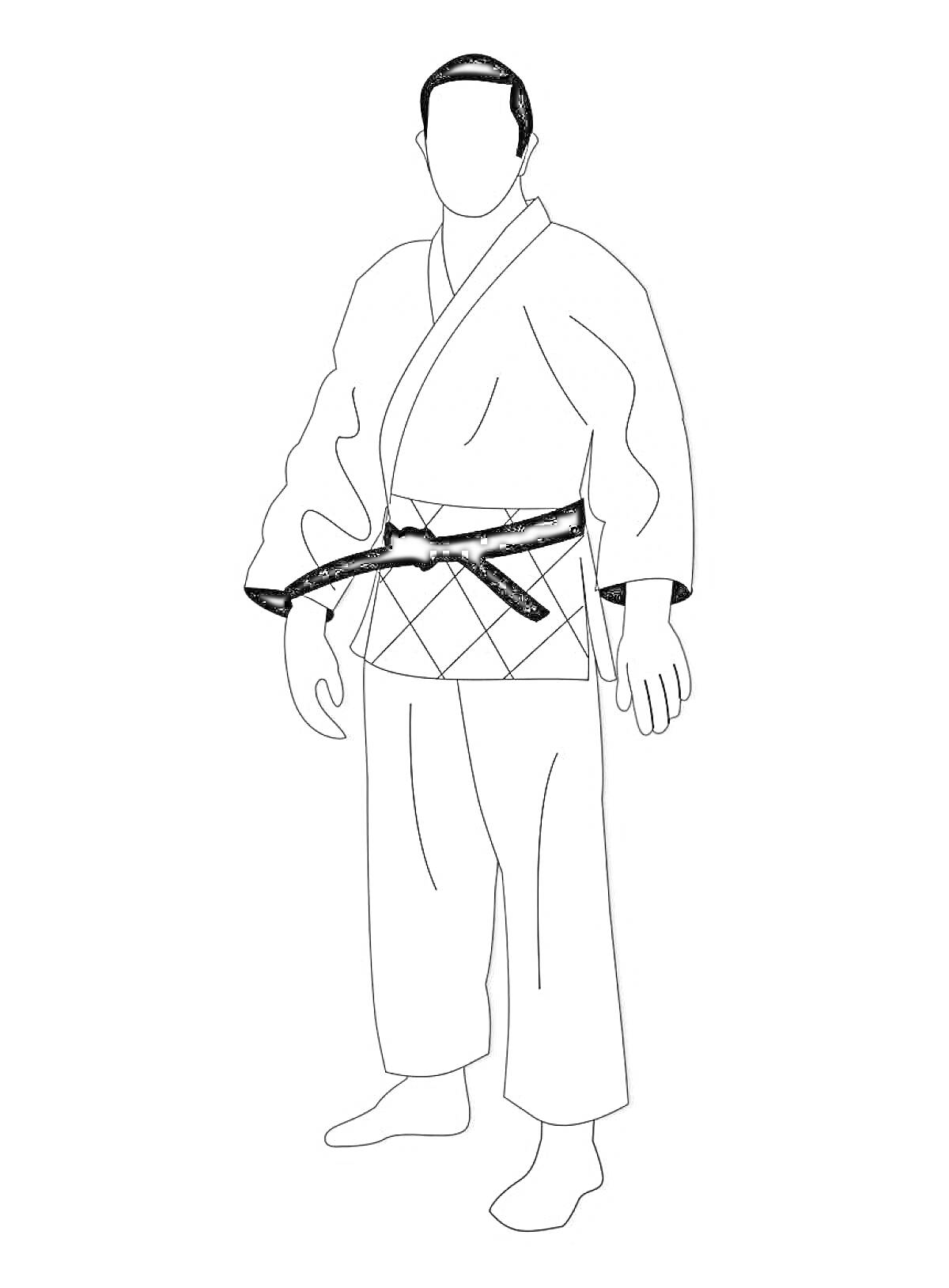 Раскраска Человек в кимоно для дзюдо с черным поясом