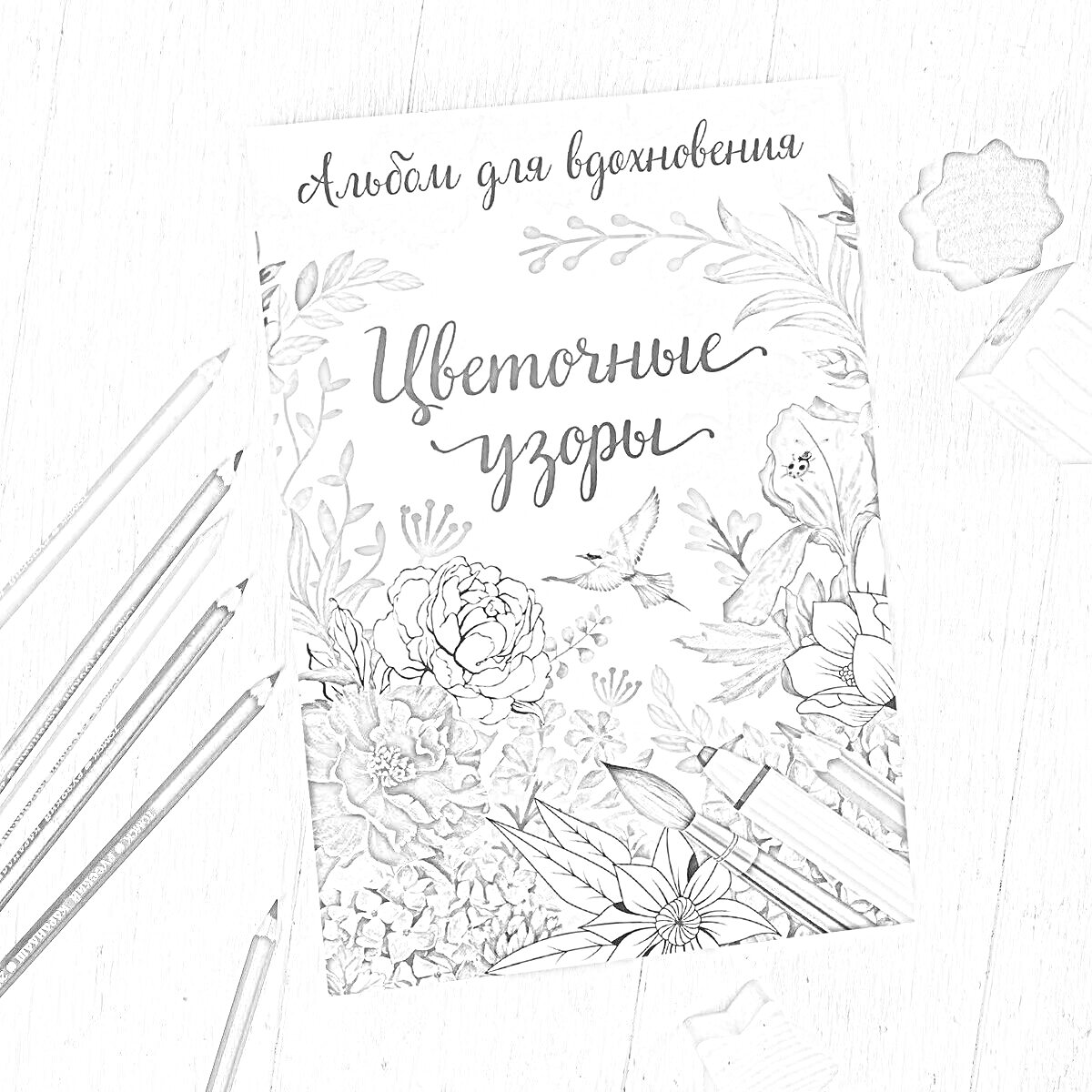 Раскраска Альбом для вдохновения - Цветочные узоры, с изображением кисточки, карандашей, различных цветов и зелени, колибри и подводки для рисования.