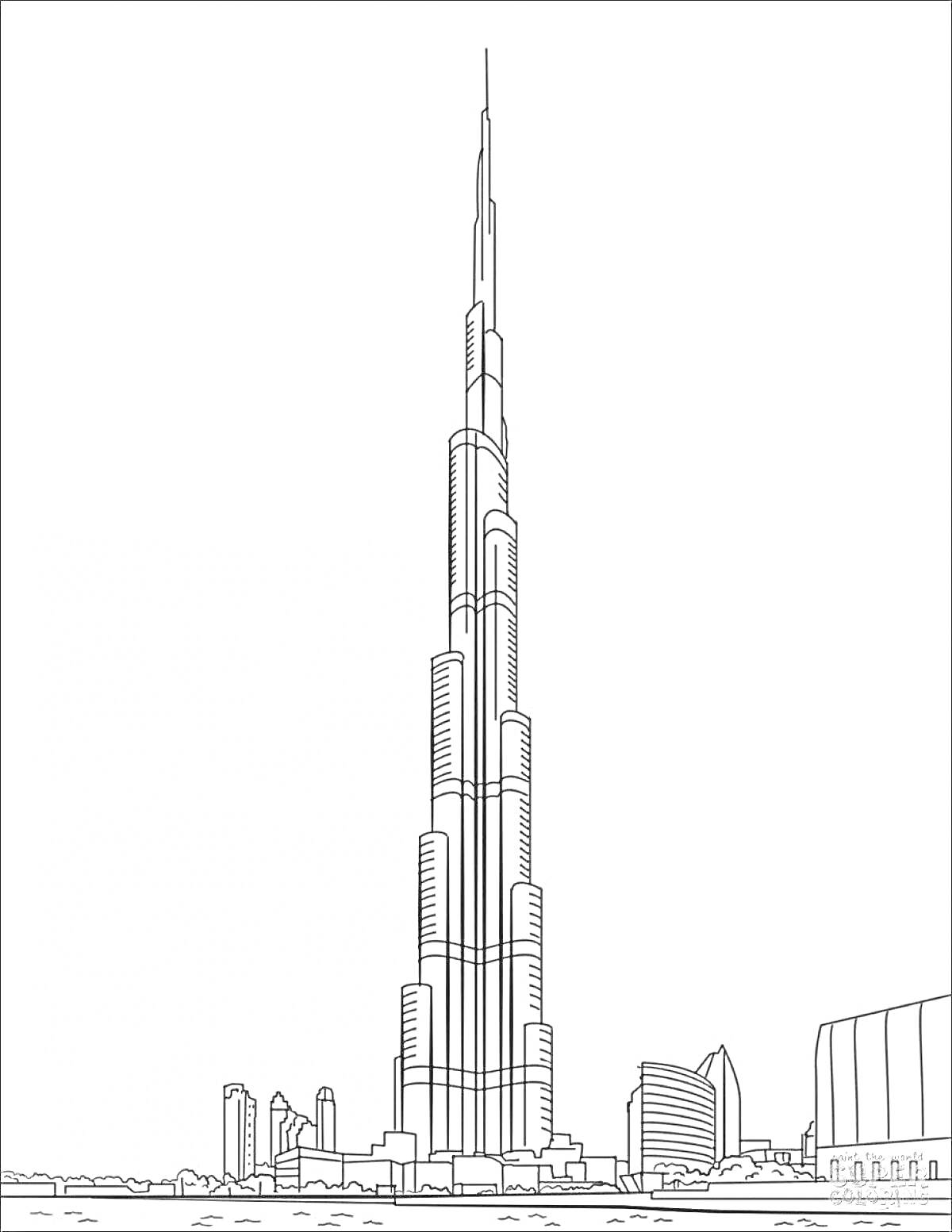 Раскраска Рисунок небоскреба Бурдж-Халифа в Дубае с прилегающими зданиями