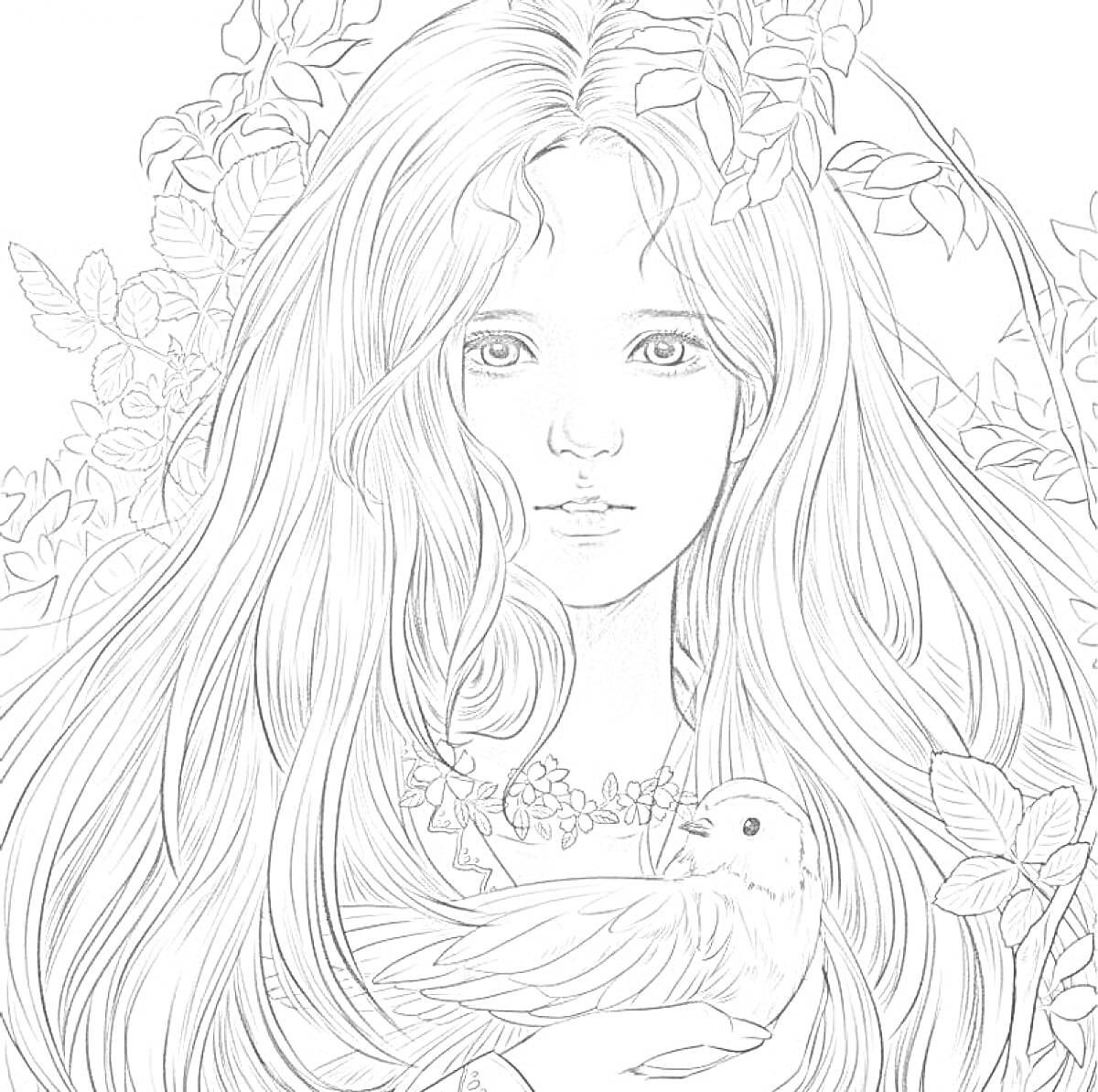 Раскраска Девушка с длинными волосами и птицей в руках на фоне листьев