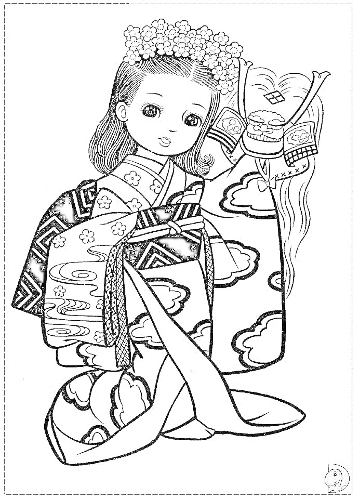 Раскраска Японская девушка в кимоно с традиционной прической и цветочной короной, держащая японскую маску