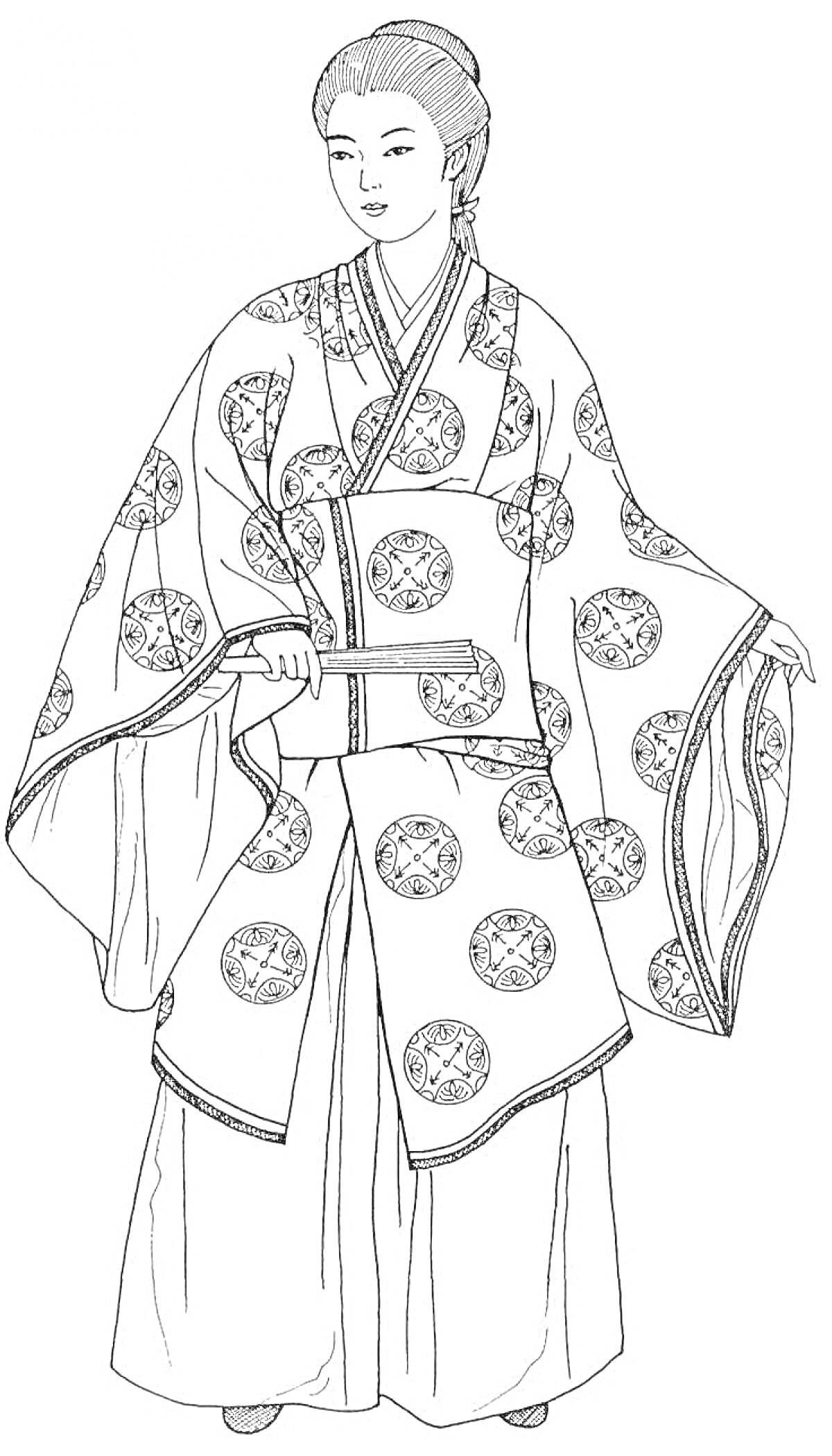 На раскраске изображено: Кимоно, Традиционная одежда, Япония, Женщина, Орнамент, Культура, Восточный стиль, Одежда
