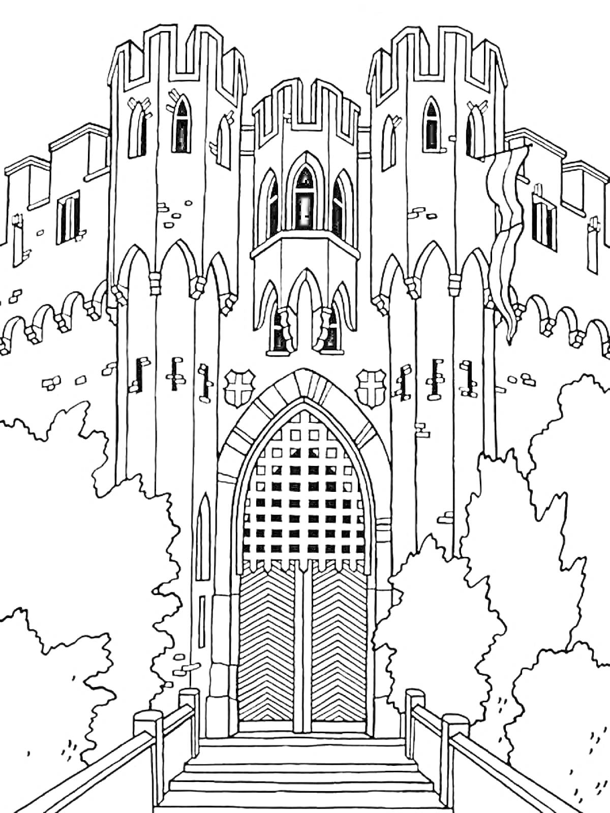 Раскраска Замок с башнями, воротами и деревьями