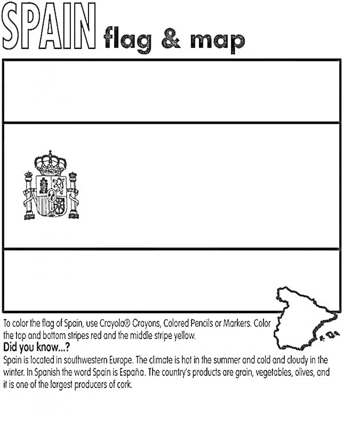Раскраска Флаг и карта Испании с инструкцией по раскрашиванию, изображён герб, контур карты Испании и описание страны