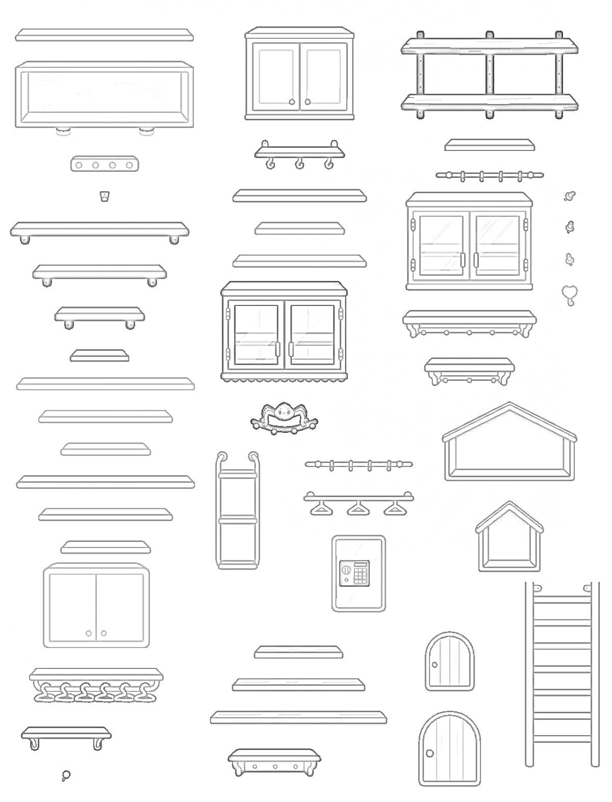 Раскраска Набор мебели Тока Бока для вырезания: шкафы, полки, двери, лестницы, вешалки, декоративные элементы, дверцы и светильники.