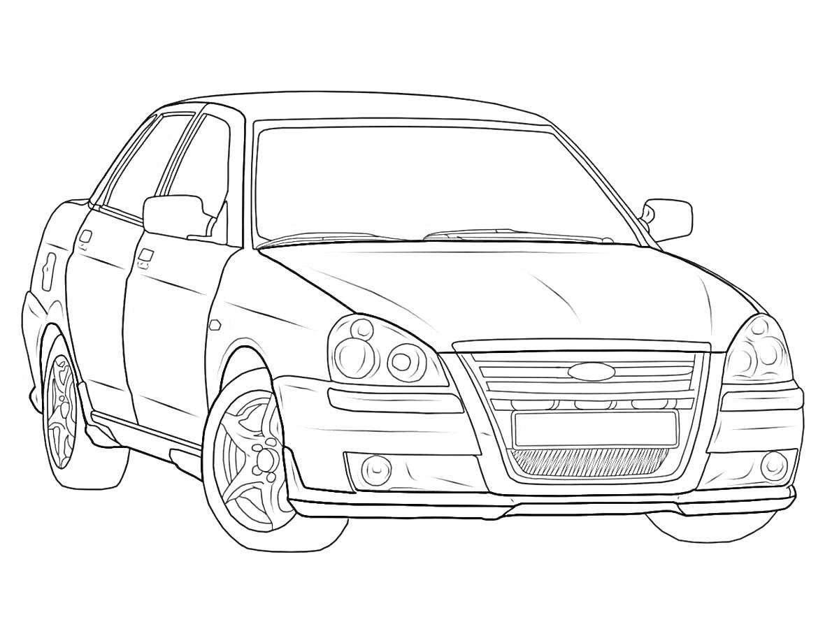 Раскраска Раскраска автомобиля Lada Priora с деталями кузова, колесами, фарами и зеркалами заднего вида