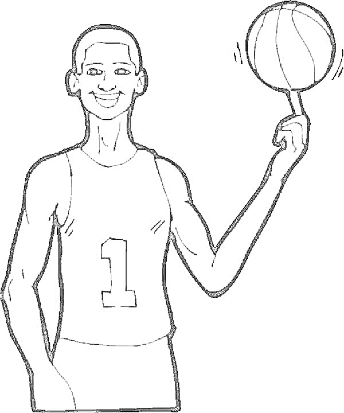 Раскраска Человек в баскетбольной форме с цифрой 1 на майке вращает баскетбольный мяч на пальце