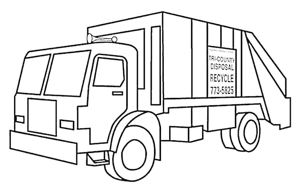 Раскраска Мусоровоз с надписью Tri-County Disposal, Recycle, 773-5825